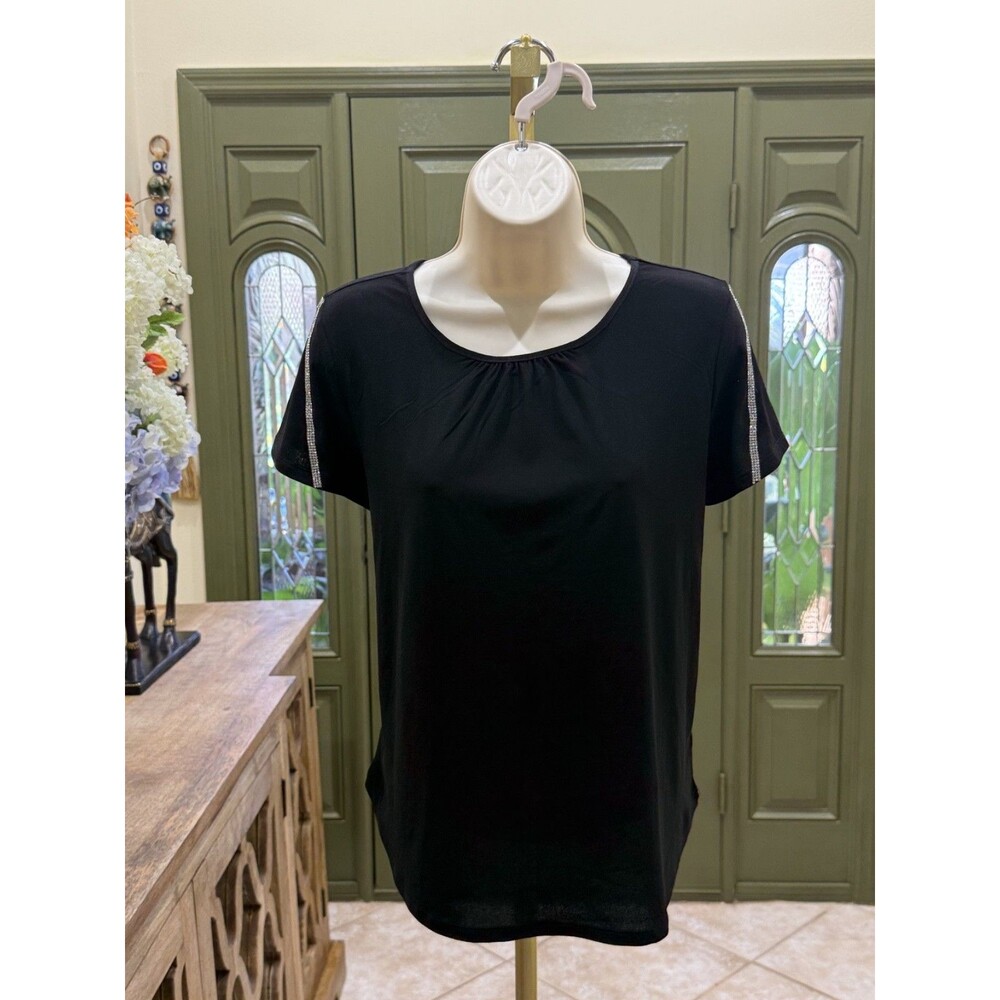 Love Scarlette Women's Black Rhinestone Short Sleeve Top – Size M